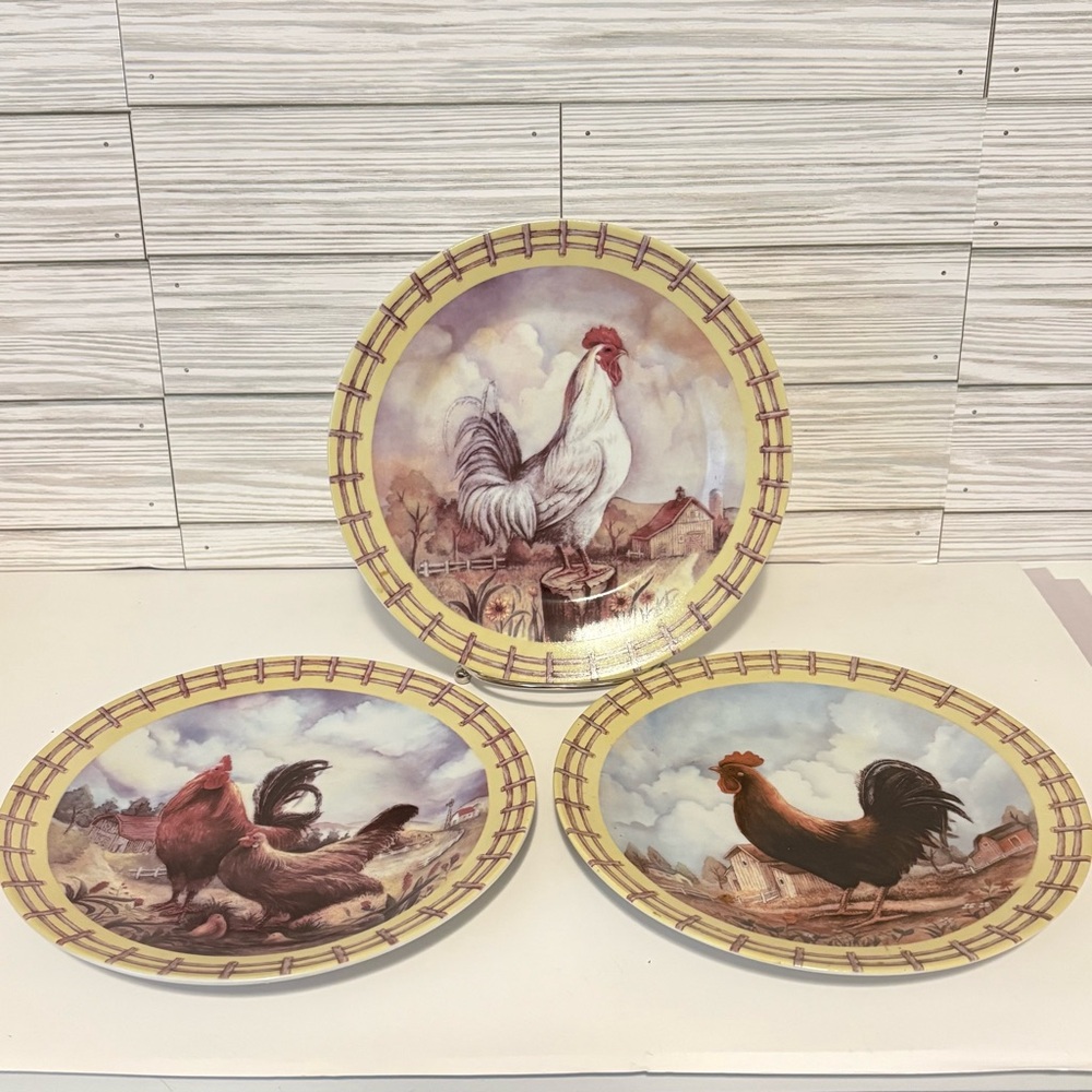 Vintage Farmhouse Rooster Display Plates Rustic Country Kitchen Set of Three 8”